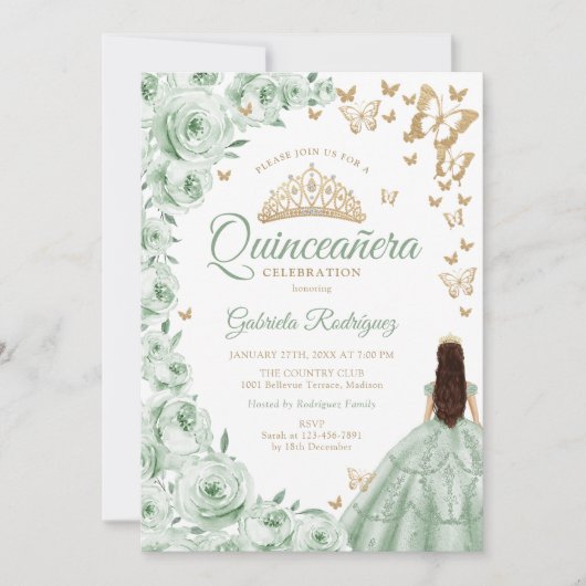 Sage Green Gold Floral Quinceanera Einladung (Vorderseite)