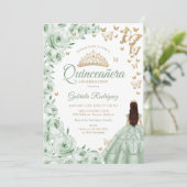 Sage Green Gold Floral Quinceanera Einladung (Stehend Vorderseite)