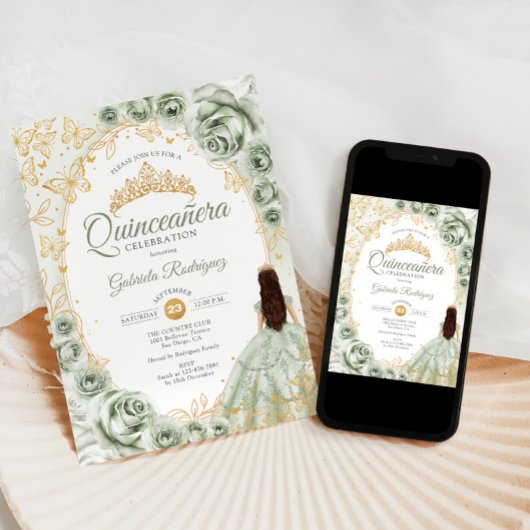 Sage Green Gold Floral Quinceanera Einladung