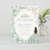 Sage Green Gold Floral Quinceanera Save The Date (Stehend Vorderseite)