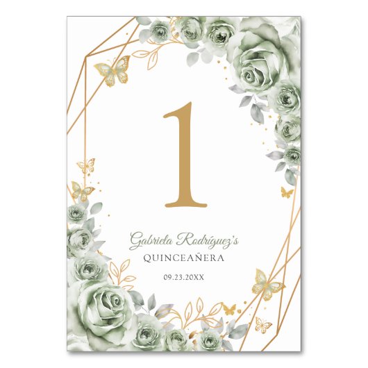 Sage Green Gold Floral Quinceanera Tischnummer (Vorderseite)