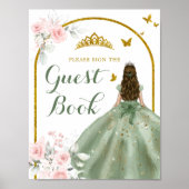Sage Green Gold Floral Quinceñera Gästebuch (Vorne)