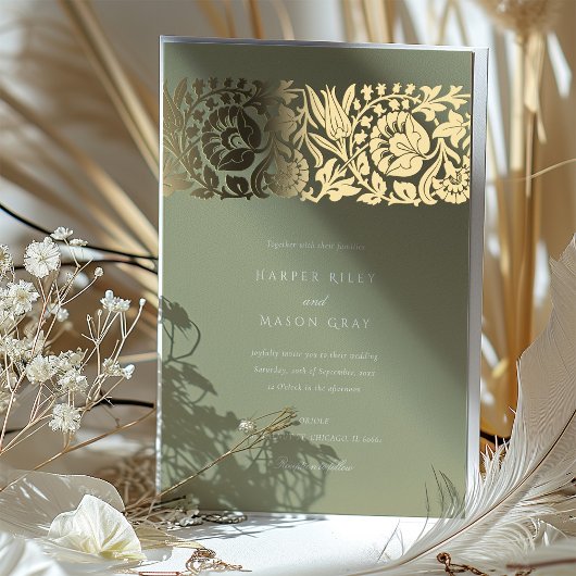 Sage Green Gold Floral Wedding Folieneinladung