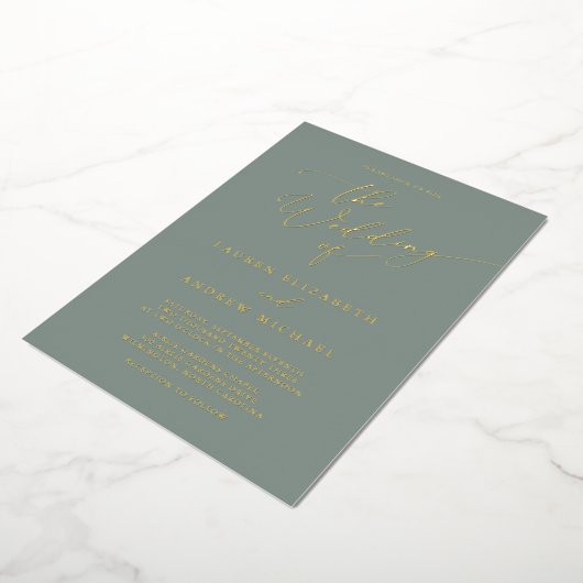 Sage Green Gold Foil Monogramm Minimalistische Hoc Folieneinladung (Gedreht)