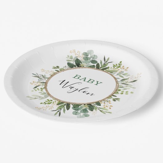 Sage Green Gold Garden Grüne Baby Dusche Pappteller (Schrägansicht)