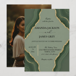 Sage Green Gold Geode Photo Back Wedding  Einladung