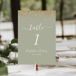 Sage Green Gold Glitzer Edge Wedding Tischnummer<br><div class="desc">Die elegante,  moderne Tischnummer besticht durch ihr Design im Glitzer mit vergoldeten Imitaten. Der anpassbare Text kombiniert Elfenbeinhandschrift,  Copperplate und kursiven Schriftart auf einem klugen grünen Hintergrund.</div>