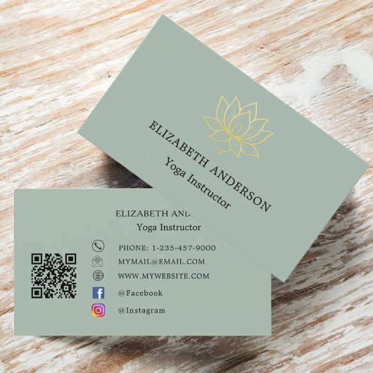 Sage green gold lotus flower Yoga Instructor Visitenkarte