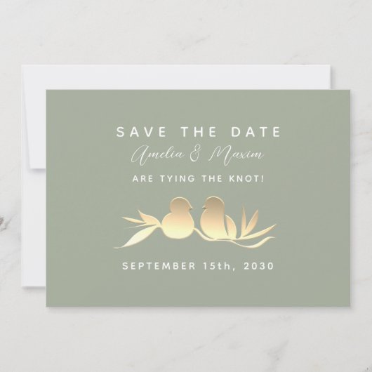 Sage Green Gold Lovebirds Save The Date (Vorderseite)