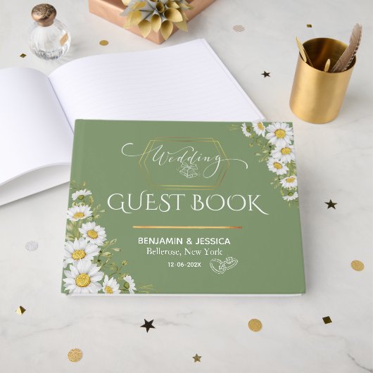 Sage Green Gold Minimalistisch Floral Wedding Gästebuch (Vorderseite Offen)