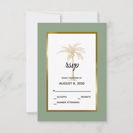 Sage Green Gold Palm Tree Beach Hochzeit RSVP Karte (Vorderseite)