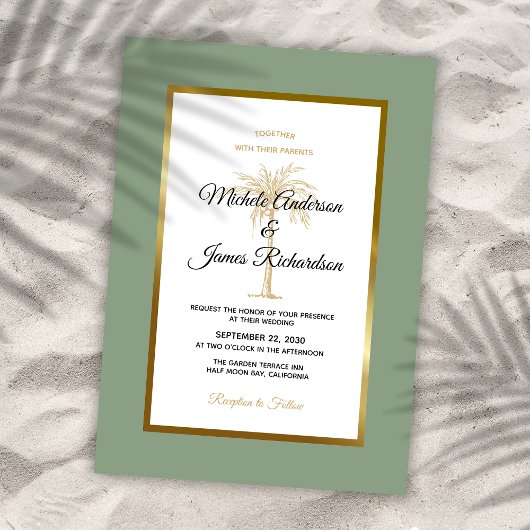 Sage Green Gold Palm Tree Tropical Beach Hochzeit Einladung