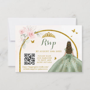 Sage Green Gold Princess Butterfly Mis Quince QR RSVP Karte