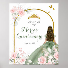 Sage Green Gold Princess Quinceanera Willkommen Poster