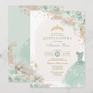 Sage Green Gold Quinceañera Boho 15. Geburtstag Einladung