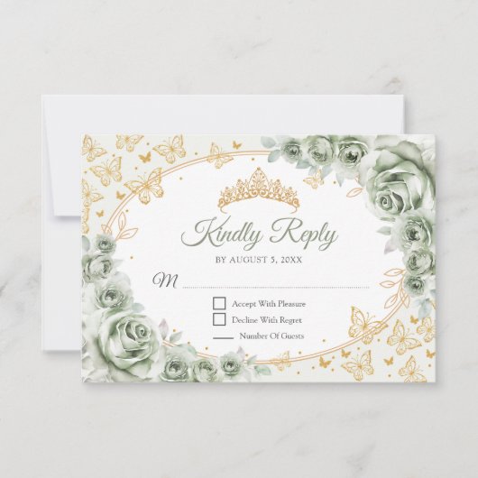 Sage Green Gold Quinceanera Reply RSVP Karte (Vorderseite)