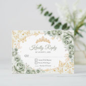 Sage Green Gold Quinceanera Reply RSVP Karte (Stehend Vorderseite)