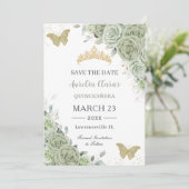 Sage Green Gold Quinceanera Sweet 16 Schmetterling Save The Date (Stehend Vorderseite)