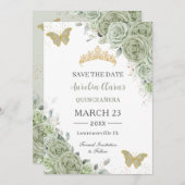 Sage Green Gold Quinceanera Sweet 16 Schmetterling Save The Date (Vorne/Hinten)