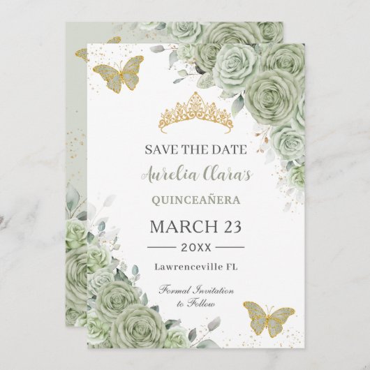 Sage Green Gold Quinceanera Sweet 16 Schmetterling Save The Date (Vorne/Hinten)