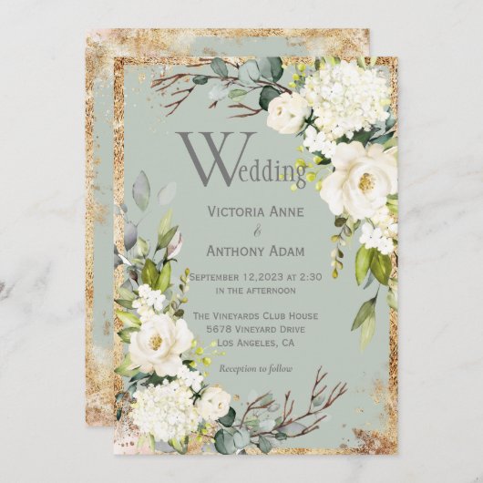 Sage Green Gold Rustic Floral Wedding Einladung (Vorne/Hinten)