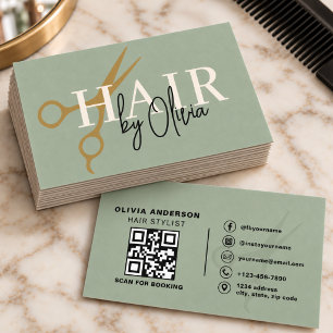 Sage Green Gold Schere QR Code Friseur Visitenkarte