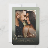 Sage Green Gold Script & Marble Foto Overlay Save The Date (Vorderseite)