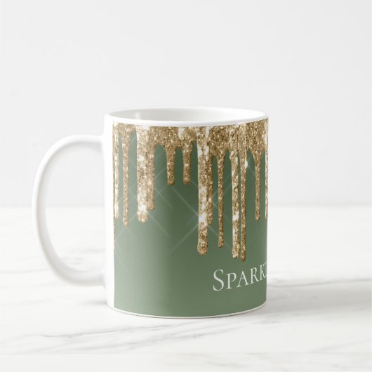 Sage Green Gold Sparkle Glitzer Tropfen Kaffeetasse (Links)