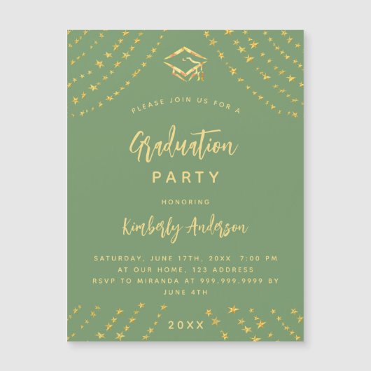 Sage Green Gold Stars Graduierungsparty Luxus Magneteinladung (Vorderseite)