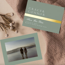 Sage Green GOLD Stripe Foto Save the Date Folieneinladung