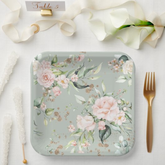 Sage Green Gold Wasserfarben Floral Botanisch Pappteller (Hochzeit)
