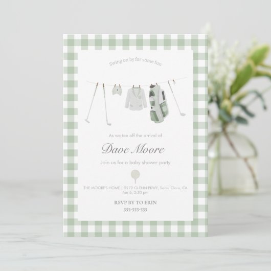 Sage green Golf Baby Dusche Party Einladung (Stehend Vorderseite)