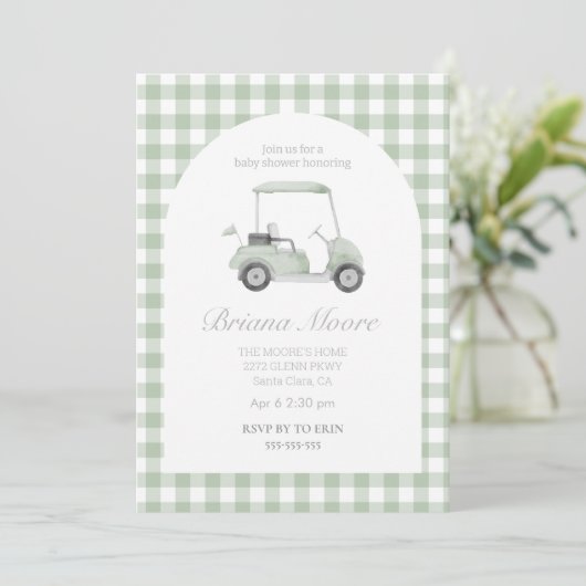 Sage green Golf cart Babydusche Einladung (Stehend Vorderseite)