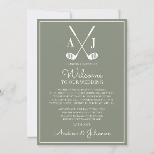 Sage Green Golf Wedding Welcome Note Einladung (Vorderseite)