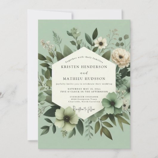 Sage Green Graceful Botanical Wedding Einladung (Vorderseite)