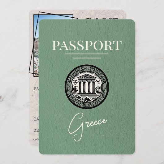 Sage Green Greece Passport Save the Date Card (Vorne/Hinten)