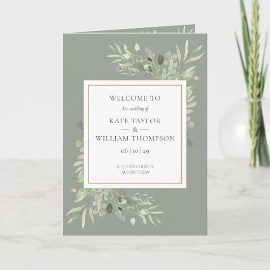 Sage Green Green Foliage Hochzeit Programm (Vorderseite)