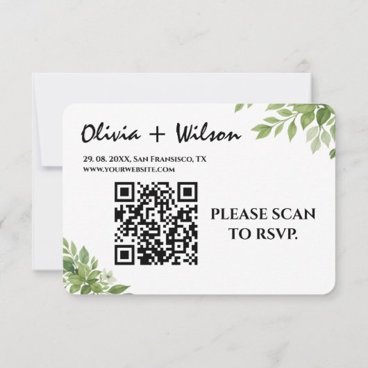 Sage Green Greenerity Blätter QR Code Wedding RSVP Karte (Rückseite)