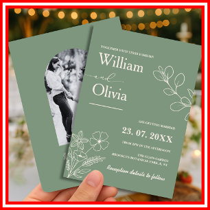 Sage Green Greenery Boho Floral Foto Wedding Einladung