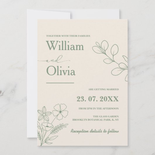 Sage Green Greenery Boho Minimalistisch Wedding Einladung (Vorderseite)