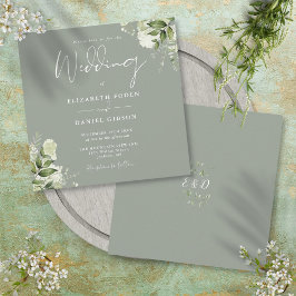 Sage Green Greenery Floral Monogram Square Wedding Einladung