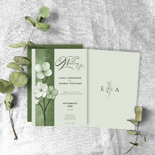 Sage Green Hand Drawn Floral Botanical Wedding Einladung