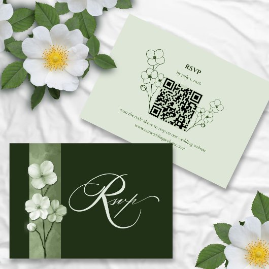 Sage Green Hand Drawn Floral QR Code RSVP Karte
