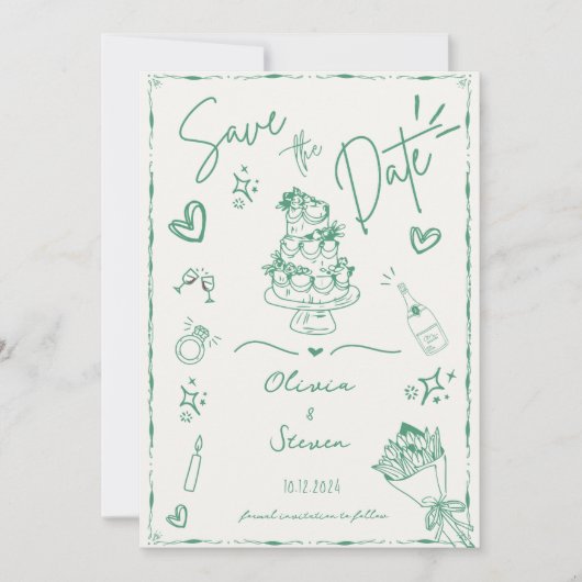 Sage Green Hand Drawn Scribble Fun Save the Date Einladung (Vorderseite)
