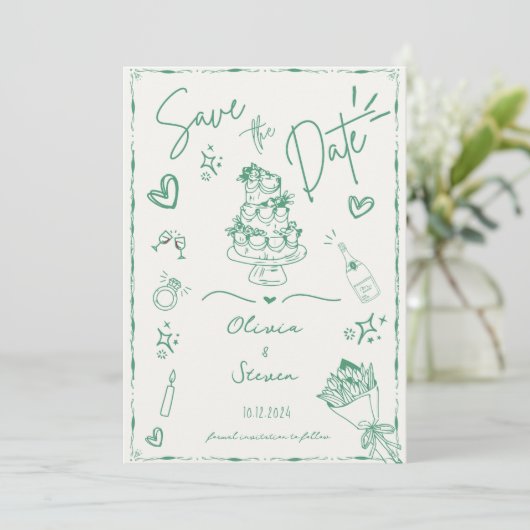 Sage Green Hand Drawn Scribble Fun Save the Date Einladung (Stehend Vorderseite)