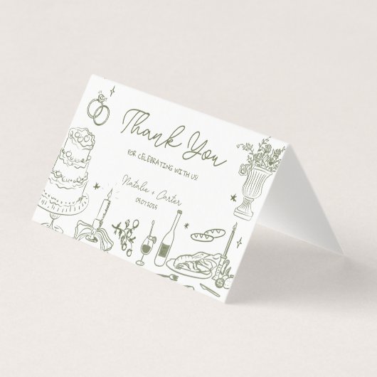 Sage Green Hand Drawn Whimsical Wedding Danke (Vorderseite)