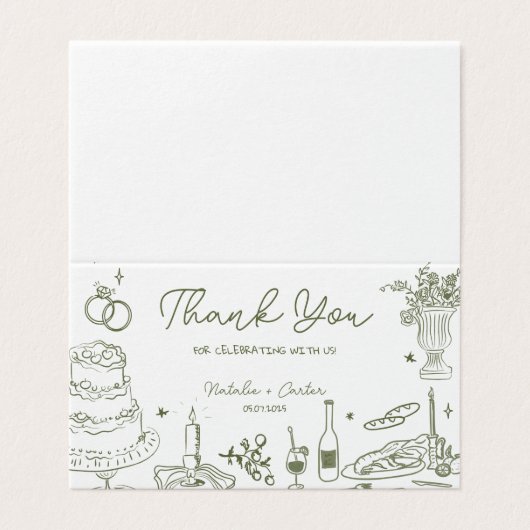 Sage Green Hand Drawn Whimsical Wedding Danke (Außenseite Aufgefaltet)