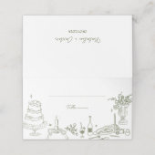 Sage Green Hand Drawn Whimsical Wedding Danke Platzkarte (Außenseite Aufgefaltet)