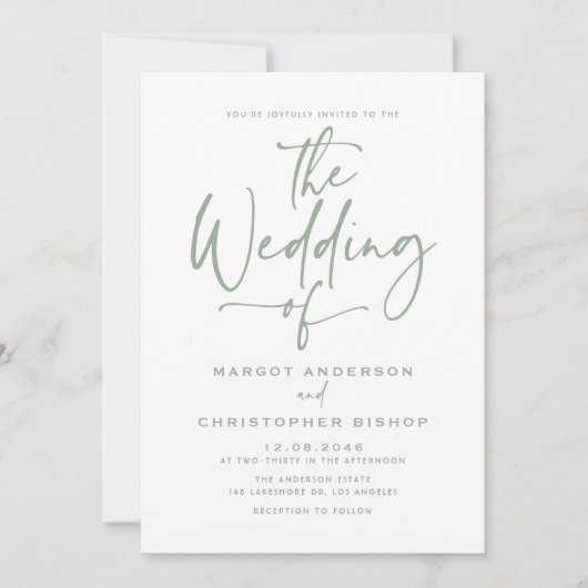 Sage Green Hand Letter Calligrafy Wedding Einladung (Vorderseite)