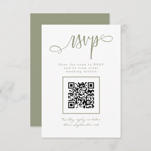 Sage Green Handgeschriebenes Skript Einfaches QR-C RSVP Karte (Vorne/Hinten)